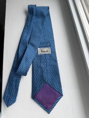 Harrods Blue Patterned Silk Tie with Purple Tip